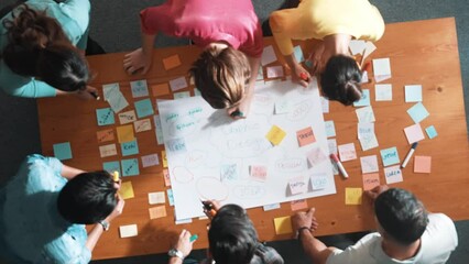Top view of project manager writing and sticking stick notes. Aerial view of professional business people working together planning strategy while drafting mind mapping at meeting room. Symposium.