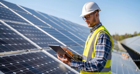 Solar Panel Technician Inspecting Array on a Sunny Day