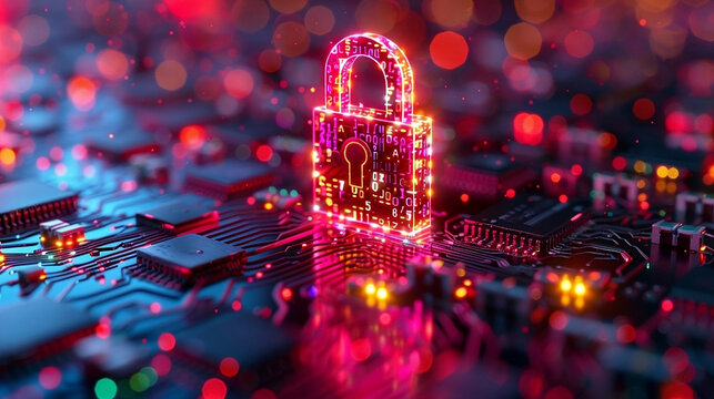 Ciberseguridad. Candado rojo high-tech. Software malicioso, virus, spyware, malware o ciberataques redes de ordenadores. Concepto de seguridad digital. Seguridad internet. Generado con AI