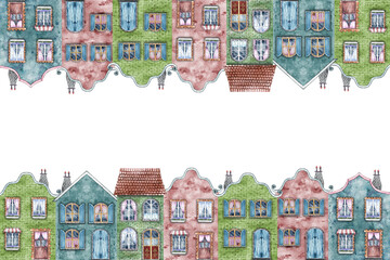 Border frame with European vintage houses. Fabulous, cute brick two-storey houses in retro style. The watercolor illustration is made by hand. For labels, children's games, postcards, packaging.