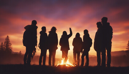 silhouette of A group of friends camping around a crackling bonfire, dramatic sunset