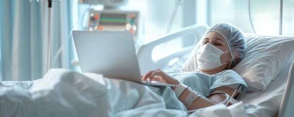 Obraz premium A patient in a hospital gown lies in a hospital bed with medical tubes attached, using a laptop. The background shows medical equipment and a serene environment.