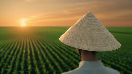 Woman in a conical hat standing in a lush green field, gazing at the sunrise, serene rural landscape, high-resolution photo, focus cover all object