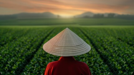 Woman wearing a conical hat in a lush field at sunrise, tranquil rural landscape, detailed and vibrant photo, focus cover all object