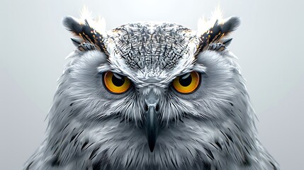 Realistic owl face with white background, photorealistic, watercolor style, hyper-realistic style, detailed, intricate detail, octane render style, soft light, cinematic style, volumetric lighting