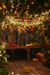 Sukkah decorated with lights and fruits for the Jewish New Year Hyper realistic. Shot with canon 5d Mark III --ar 2:3 --style raw Job ID: ff7d1f61-5c17-48ec-b9ba-31fa08eda58d