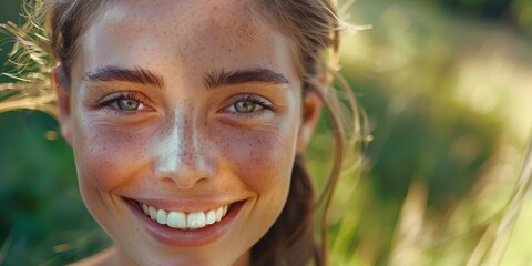 Close-up portrait of a woman with distinctive freckles on her face