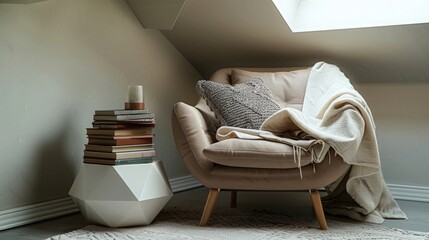 A hygge corner in a loft apartment, with a plush chair, a stack of books on a geometric side table, and a soft throw blanket. Overhead, a skylight brings natural light into the cozy setting.