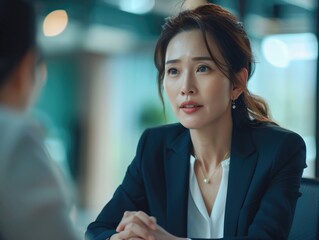 Naklejka premium A woman in a professional attire sits at a table, focused on her work