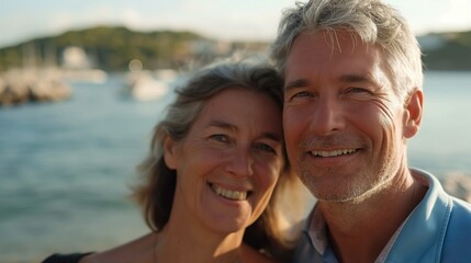 Obraz premium Close up portrait of happy mid-aged mature caucasian couple in love on the sea shore happily smiling on bright sunny day during summer vacation leading active lifestyle together