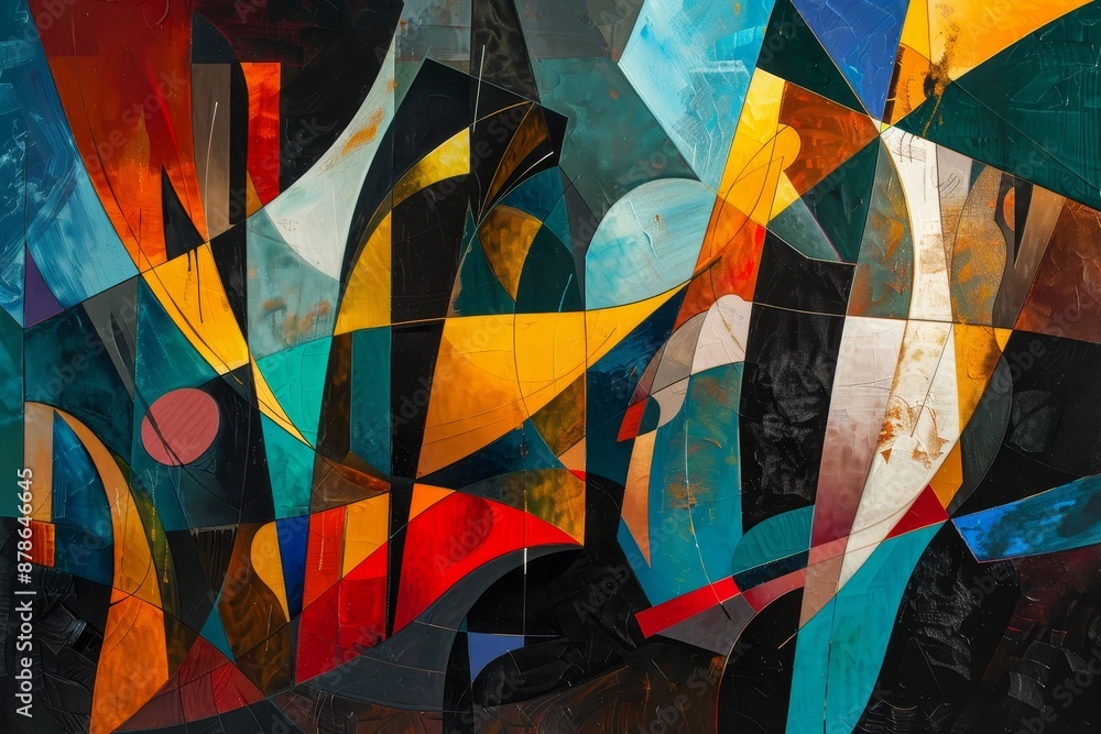 Poster bold, sharp abstract shapes in contrasting colors against a black backdrop, bold contrasts and sharp