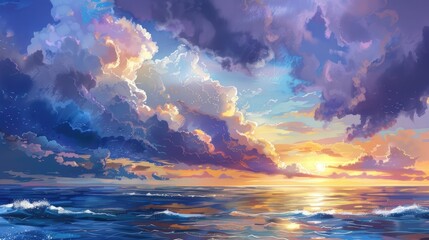 Sunset seascape with stormy clouds over serene ocean waters
