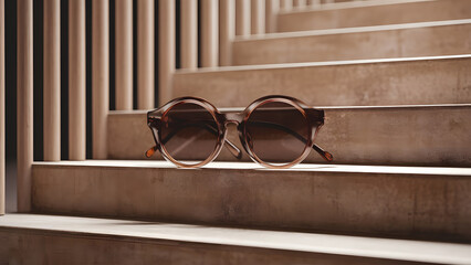 12K Neo-Minimalist 3D Image of Stylish Sunglass Case on Beige Stairs with Gold Accents, Cinematic Scene