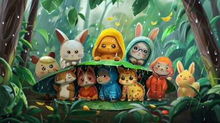 Naklejka premium A whimsical digital illustration of a group of animals wearing colorful raincoats, huddled together under a large leaf, sheltering from the rain in a lush forest. The scene is playful and vibrant, wit