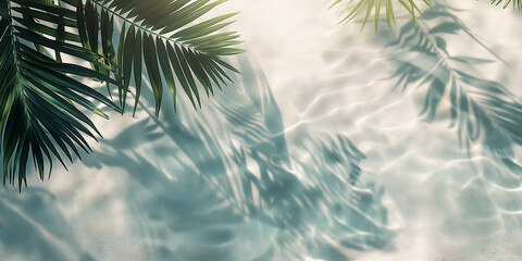 Obraz premium Tranquil Beach Scene with Palm Leaves Casting Shadows on Clear Water and White Sand