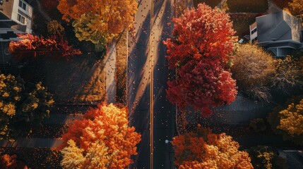 Fototapeta premium Aerial view of a street in the fall, lined with vibrant orange and red trees, leaves scattered on the ground. Clear, crisp details, warm sunlight casting long shadows