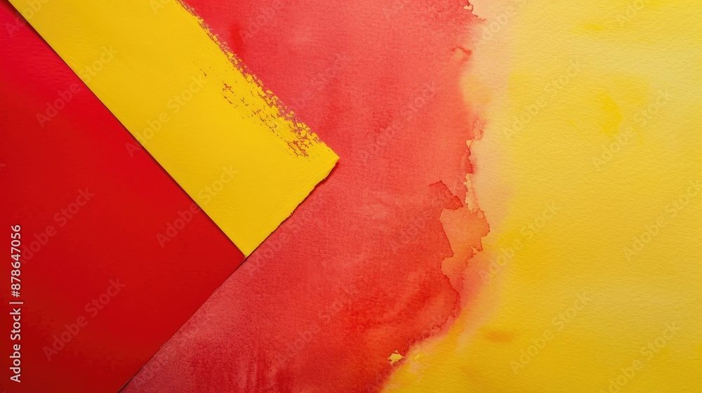 Poster minimalist flat lay of watercolor set on red and yellow background with empty space