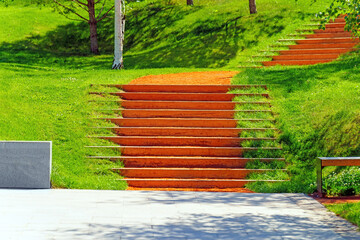 loose wooden stairs in park on eco-trail