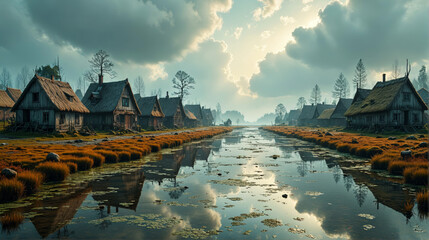 Obraz premium A gloomy ancient village located on the banks of a river