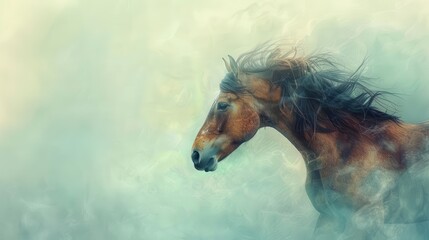 ethereal equine portrait dreamy watercolorstyle depiction of horse with flowing mane soft pastel hues blending into misty background