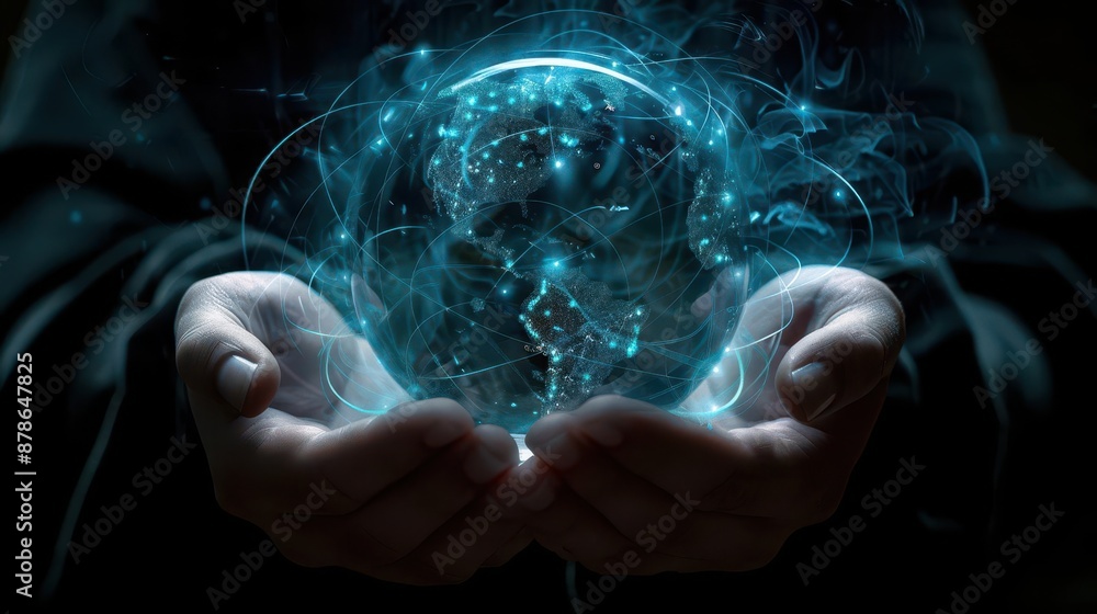 Aufkleber ethereal hands cradling a translucent globe with glowing network connections dark background with hi