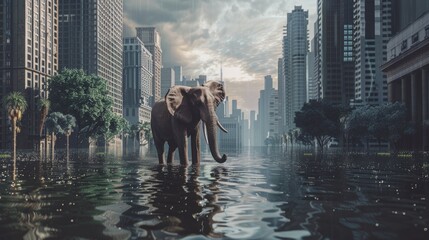 An elephant walking through a flooded city, highly realistic, urban flood, majestic animal, cityscape and water, surreal scene