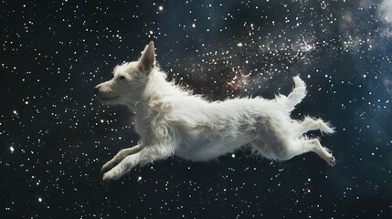 Realistic dog floating and swimming in space, detailed cosmic scene, weightless motion, surreal interstellar swim, floating dog