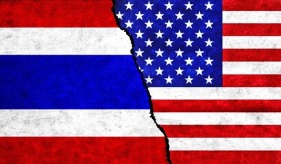 USA and Thailand flags together. Thailand and United States of America relation, conflict, crisis, economy concept