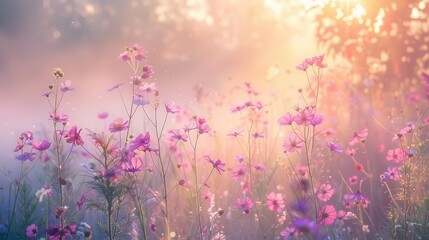 ethereal meadow at sunrise with vibrant pink and purple wildflowers misty morning atmosphere soft sunlight filtering through trees dreamy bokeh effect