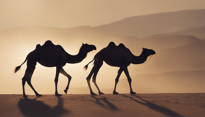 silhouette of a camels moving side by side in the desert, sunset view.
