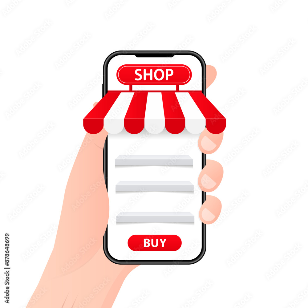 Poster shopping online on your mobile phone. empty store counters on the smartphone screen. app concepts an