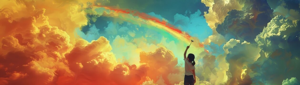 Lifelike scene of a girl painting a rainbow in the sky, realistic, vibrant colors, whimsical artistry, sky canvas