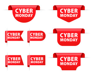 Collection Cyber Monday Sale Label. Red ribbon tag banners set. Templates for promotions, special discount offers, new and large sale banners. Vector illustration