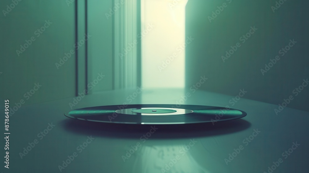 Poster ethereal vinyl record floating in a minimalist void translucent with soft light refraction delicate 