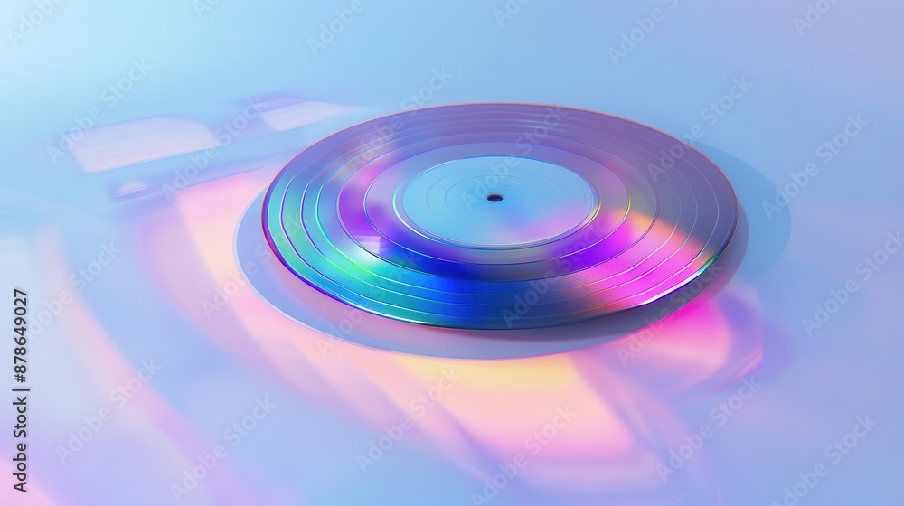 Poster ethereal vinyl record floating in a pristine white void iridescent reflections dancing across its gr