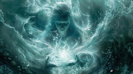 ethereal water goddess luminous figure emerging from swirling ocean waves hair flowing like seaweed hands cupping glowing water droplets shimmering aqua and turquoise hues