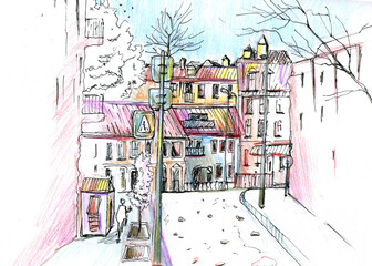 City sketch on a white background. Drawn with liner and pencils by hand