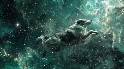 Obraz premium Realistic dog paddling through space, detailed scene, cosmic environment, weightless swimming, surreal outer space, floating dog