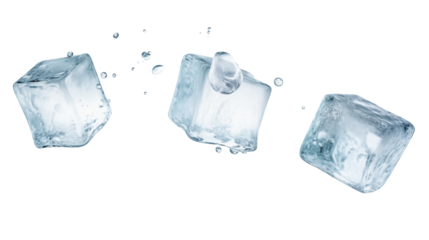 Four flying ice cubes transparent background.