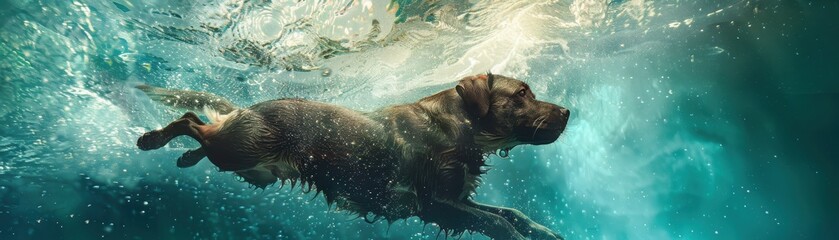 A dog swimming in space, highly realistic, cosmic background, weightless motion, surreal scene, floating canine, interstellar swim