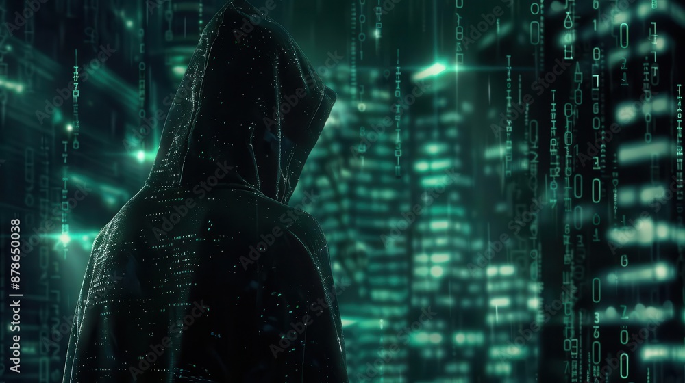 Aufkleber faceless hooded hacker in dark digital space with matrix background cyber security threat concept ai