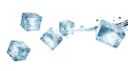 Four flying ice cubes transparent background.