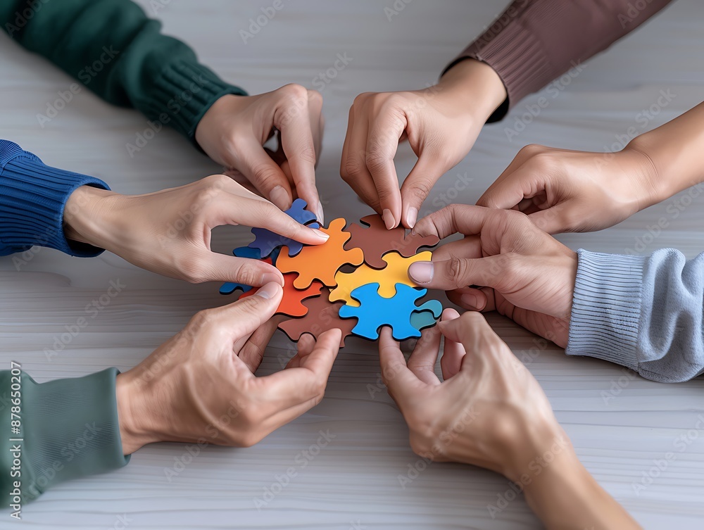 Poster hands of diverse group solving an educational problem together, focus on teamwork and unity, educati