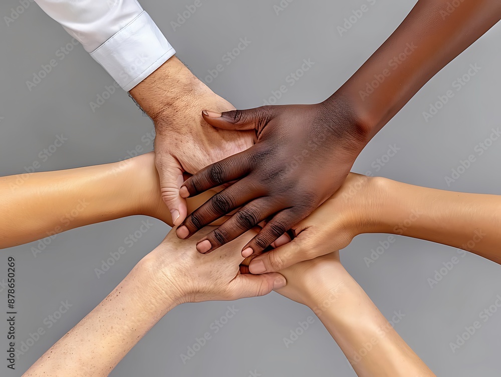 Poster hands of diverse group solving an educational problem together, focus on teamwork and unity, educati