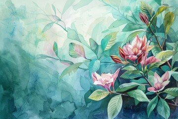 A painting of vibrant pink flowers with detailed green leaves, Botanical sketches and watercolor paintings
