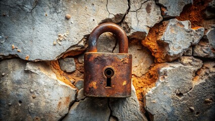 A rusted lock shatters through a crumbling concrete wall, signifying triumph over digital threats and robust online safeguarding measures.