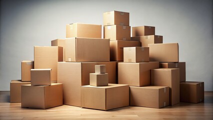 Fototapeta premium Neatly arranged pile of sturdy brown corrugated cardboard boxes varying in size, awaiting use, against a clean, monotone background.