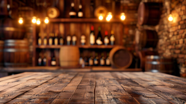 Empty wooden table in front blurred wine cellar in the background. winery and beverage concept, background for product display