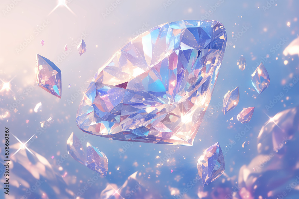Poster sparkling diamond with crystals close-up on sparkling light background