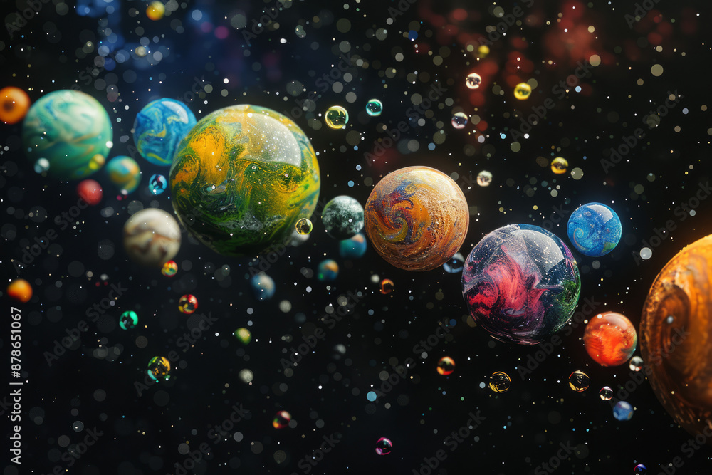 Poster a swirling array of planets, each with unique swirling colors and patterns, floats through space dot
